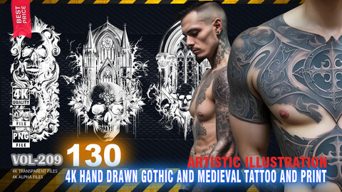 130 4K HAND DRAWN GOTHIC AND MEDIEVAL TATTOO AND PRINT - ARTISTIC ILLUSTRATION - HIGH END QUALITY RES - (TRANSPARENT & ALPHA) - VOL209