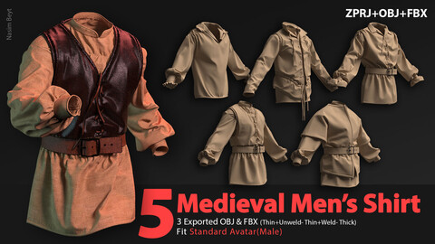 5 Medieval Men's Shirt Pack (VOL.01). Marvelous Designer/Clo3D project file+OBJ,FBX