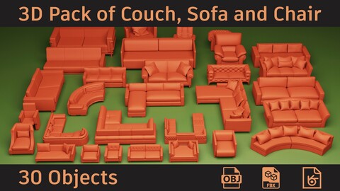 3D Pack of Couch, Sofa and Chair