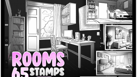 65 Procreate Anime Rooms Sketches Stamp Brushes | Procreate Manga Rooms Stamps Brushes | Procreate Interior Design Room Stamps | Procreate Furniture Room Brushes