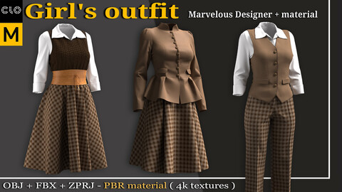 Girl's Outfit- Marvelous Designer/Clo3d + PBR Material + 4K Textures + OBJ + FBX