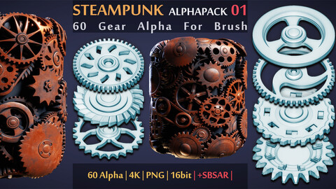 SteamPunk Alpha Pack 01 | 60 Gear Alpha For Brush | 4k | PNG | 16bit | +SBSAR