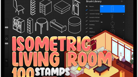 100 Living Room Isometric Brushes for Procreate | Isometric 3D Room Procreate Stamps | Isometric 3D Room Procreate Stamps | Procreate Interior Furniture Stamps Brushes | Procreate Rest Room Stamp Brushes