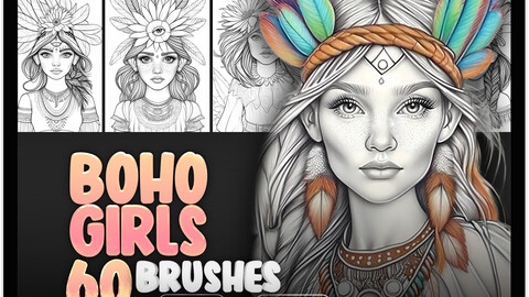 60 Boho Style Girls Procreate Stamps Brushes | Boho Style Girls Photoshop Brushes | Procreate Native Indian American Boho Women with Animals and Flowers Coloring Pages Stamp Brushes | Procreate Zentangle Brushes | Procreate Mandala Brushes