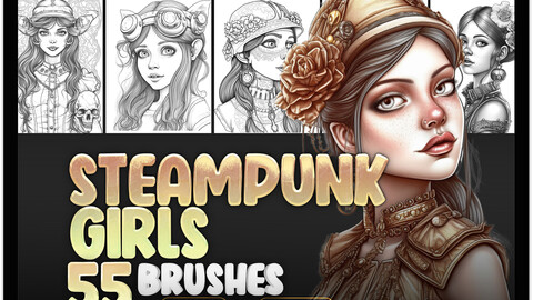 55 Steampunk Girls Procreate Brushes | Steampunk Girls Photoshop Brushes | Steampunk Woman Stamp Brushes for Procreate | Steampunk Woman Stamp Brushes for Photoshop