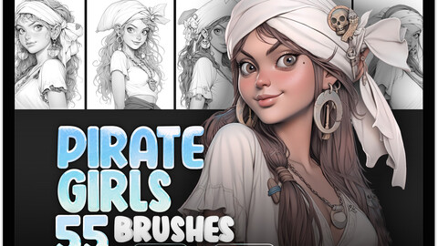 55 Beautiful Pirate Girls Procreate Brushes | Pirate Girls Photoshop Brushes | Cute Pirate Girl Stamp Brushes for Procreate | Pirate Woman Procreate Stamps Brushes