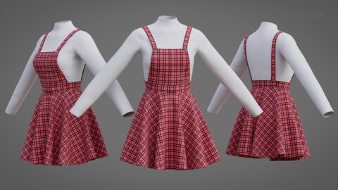 Check dungaree outfit - pinafore dress and sweater 3D Model