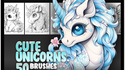 50 Cute Unicorns Procreate Stamp Brushes | Kawaii Unicorns Photoshop Brushes | Fantasy Fairy Floral Unicorn Brushes for Procreate | Cute Cartoon Characters Procreate Stamp Brushes | Cartoon Photoshop Brushes