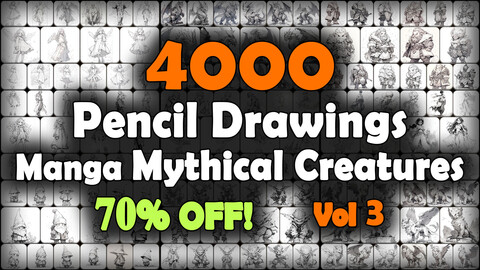 4000 Pencil Drawings of Manga Mythical Creatures (Full Body) Reference Pack | MEGA Bundle | 4K | v.3