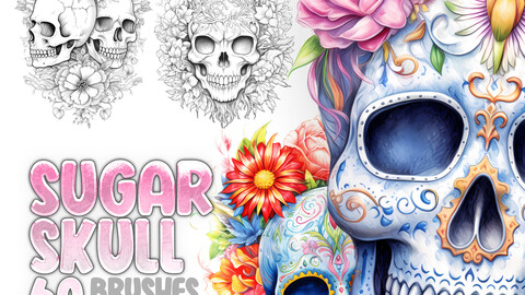 60 Sugar Skull Procreate Stamp Brushes | Sugar Skull Photoshop Brushes | Skull with Flower Procreate Brushes | Floral Skull Procreate Brushes | Mexican Skull Procreate Brushes | Day of the Dead Stamps Brushes Procreate and Photoshop