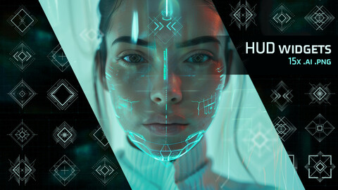 HUD SCI-FI Futuristic Widgets, Targets, Icons, Ornaments, Decals, Symbols, Tribal, Game assets I PNG pack + editable vector files I 3 versionss