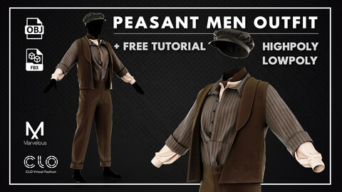 Peasant Men Outfit 3D Model - Marvelous Designer / Clo3D , Low Poly+ Free Tutorial