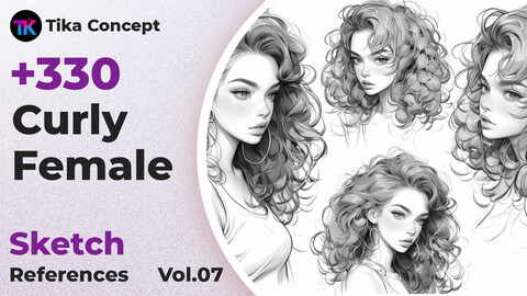 +330 Curly Female Sketch Reference(4k) | Vol_07