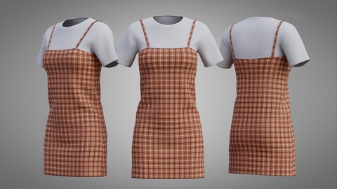 3D Solid T-shirt and Plaid Camisole dress Outfit