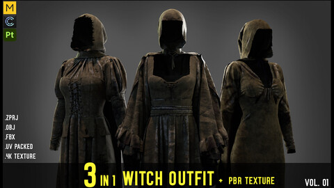 3 in 1 Witch Collection- MD/Clo3d (OBJ+ FBX+ ZPRJ)+ 4K Textures (VOL01)