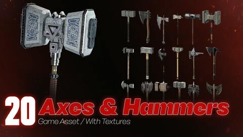 20 Axes & Hammers / Game Asset + With Texture