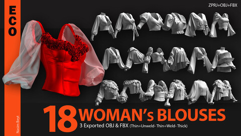 18 WOMEN'S BLOUSES PACK (ECO.VOL.06). Marvelous Designer/Clo3D project file+OBJ,FBX