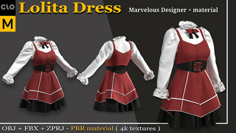 Lolita Dress -Marvelous Designer/Clo3d + PBR Materials (4K Textures) + OBJ + FBX  - FREE