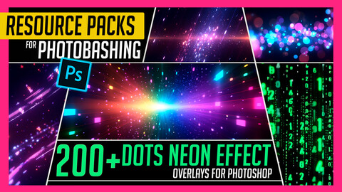 PHOTOBASH 200+ Dots Neon Overlay Effects Resource Pack Photos for Photobashing in Photoshop