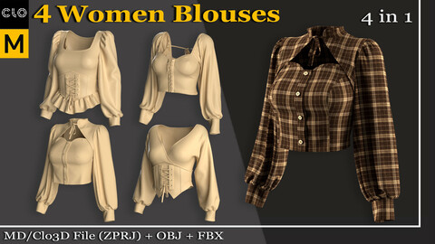 4 Women Blouses -Marvelous Designer/Clo3d (ZPRJ) + OBJ + FBX