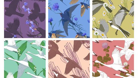 SVG seamless pattern set of birds and flowers