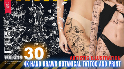 30 4K HAND DRAWN BOTANICAL TATTOO AND PRINT - MINI PACK - HIGH END QUALITY RES - (TRANSPARENT & ALPHA) - VOL219