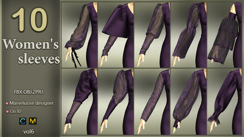 10 Women's sleeves+Marvelous designer/clo3D+ZPRJ/FBX/OBJ+Texture+A pose+Quad+CM