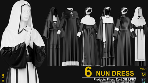 6 NUN  DRESS VOL 1 (MARVELOUS DESIGNER AND CLO3D)ZPRJ, OBJ, FBX,UV)