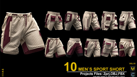 MEN,S SPORTS SHORTS  VOL 1 (CLO3D AND MAEVELOUS DESIGNER) ZPRJ, OBJ, FBX, UV