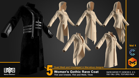 5 Women's Gothic Rave Coat (ZPRJ+FBX+OBJ Files)