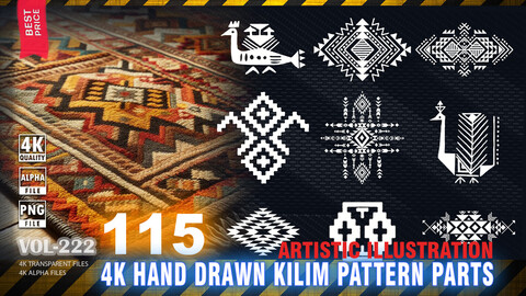 115 4K HAND DRAWN KILIM PATTERNS PARTS - HIGH END QUALITY RES - (TRANSPARENT & ALPHA) - VOL222