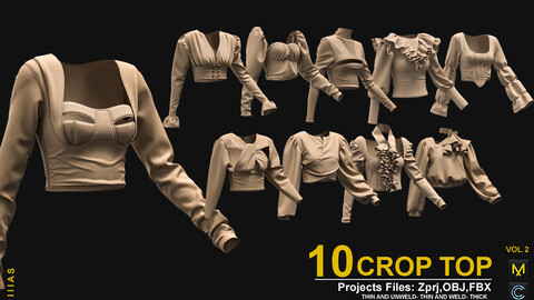 10 CROP TOP VOL 2 (MARVELOUS DESIGNER AND CLO3D)ZPRJ, OBJ, FBX,UV