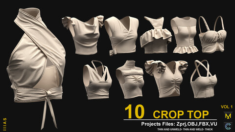 10 CROP TOP VOL 1 (MARVELOUS DESIGNER AND CLO3D)ZPRJ, OBJ, FBX,UV