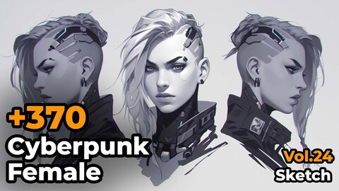 +370 Cyberpunk Female Face Sketch Reference(4k) | Vol_24