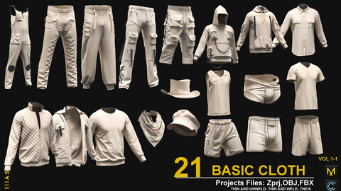 21 BASIC MEN`S CLOTHES VOL 1-1 (CLO3D AND MAEVELOUS DESIGNER) ZPRJ, OBJ, FBX,UV