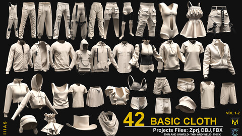 42 BASIC CLOTHES vol 1-2 (CLO3D AND MAEVELOUS DESIGNER) ZPRJ, OBJ, FBX,UV