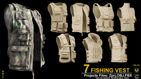 7 FISHING VEST VOL 2 (MARVELOUS DESIGNER AND CLO3D)ZPRJ, OBJ, FBX,UV