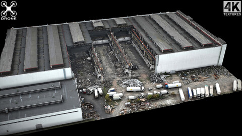 factory destroyed roof drone scan