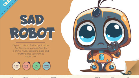 Cartoon sad robot. T-Shirt, PNG, SVG.