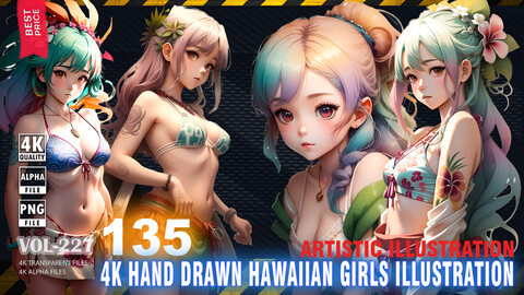 135 4K HAND DRAWN HAWAIIAN ANIME GIRLS ILLUSTRATION - ARTISTIC ILLUSTRATION - HIGH END QUALITY RES - (TRANSPARENT & ALPHA) - VOL227