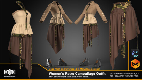 Women's Retro Camouflage Outfit + Boots (ZPRJ+FBX+OBJ Files)