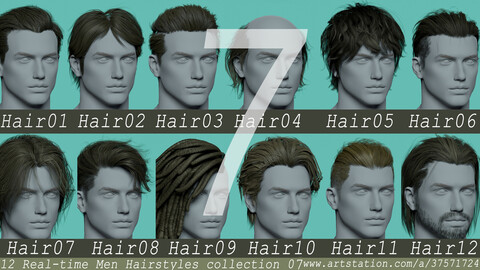 12 Real-time men Hairstyles collection 07 hair stylized anime viking head man male blonde brunette beautiful wig character hairstyle haircut human real time ingame lowpoly