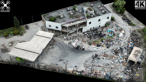 abandoned post apo gas station ruins dronescan