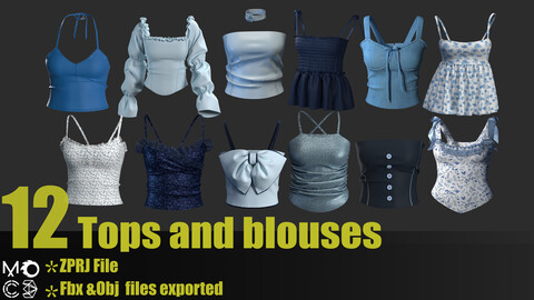 12 tops and blouses pack(Clo3d,Md projects+Obj+Fbx)