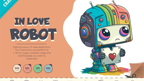 Cartoon robot in love. T-Shirt, PNG, SVG.