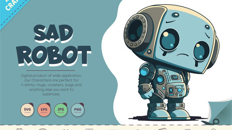 Sad cartoon Robot. T-Shirt, PNG, SVG.