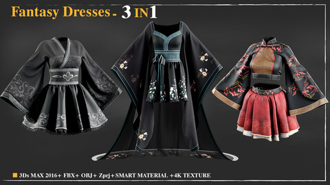 3 Fantasy Dresses / Marvelous Designer / 4k Textures/Smart material / OBJ-FBX