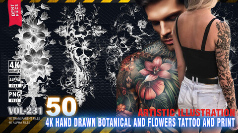 50 4K HAND DRAWN BOTANICAL AND FLOWERS TATTOO AND PRINT - ARTISTIC ILLUSTRATION - HIGH END QUALITY RES - (TRANSPARENT & ALPHA) - VOL231