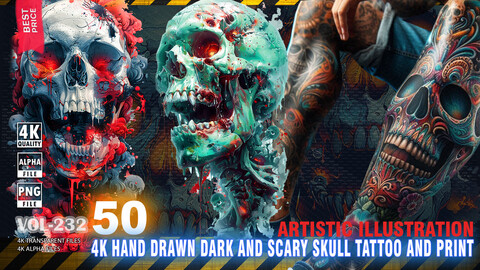 50 4K HAND DRAWN DARK AND SCARY SKULLS TATTOO AND PRINT - ARTISTIC ILLUSTRATION - HIGH END QUALITY RES - (TRANSPARENT & ALPHA) - VOL232