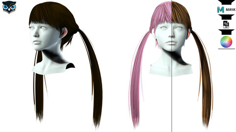 Long Up Pigtail - Female Hair Style Low-poly